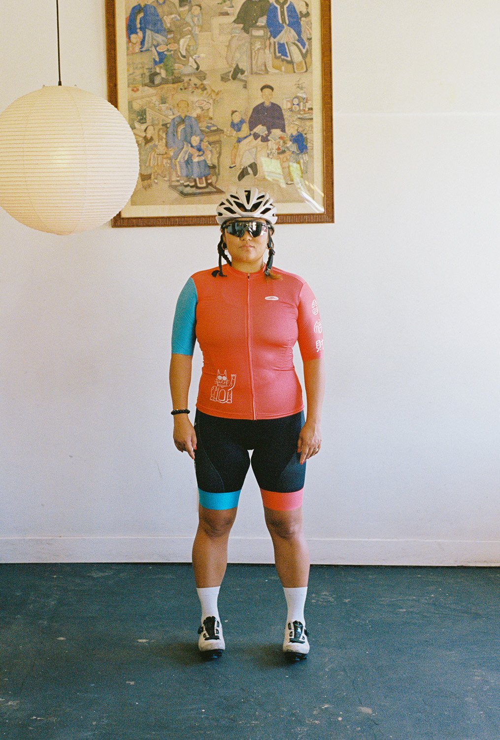 A person wearing cycling bib