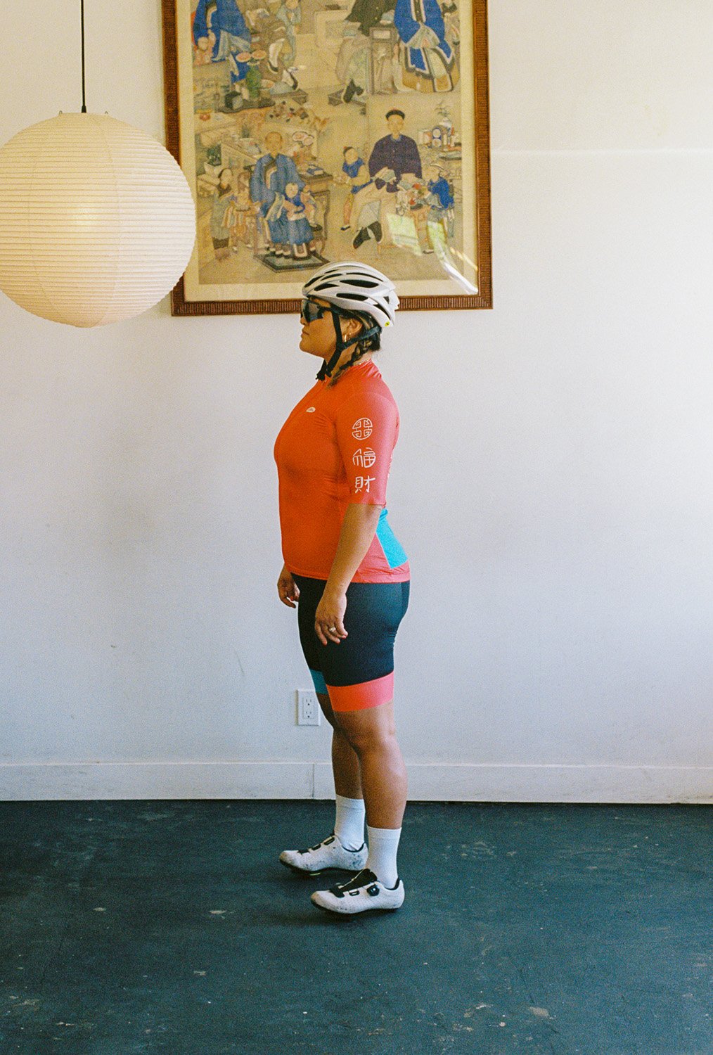 A person wearing cycling bib