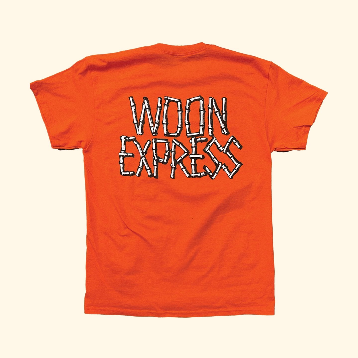 Orange shirt against off white back drop. Shirt says Woon Express