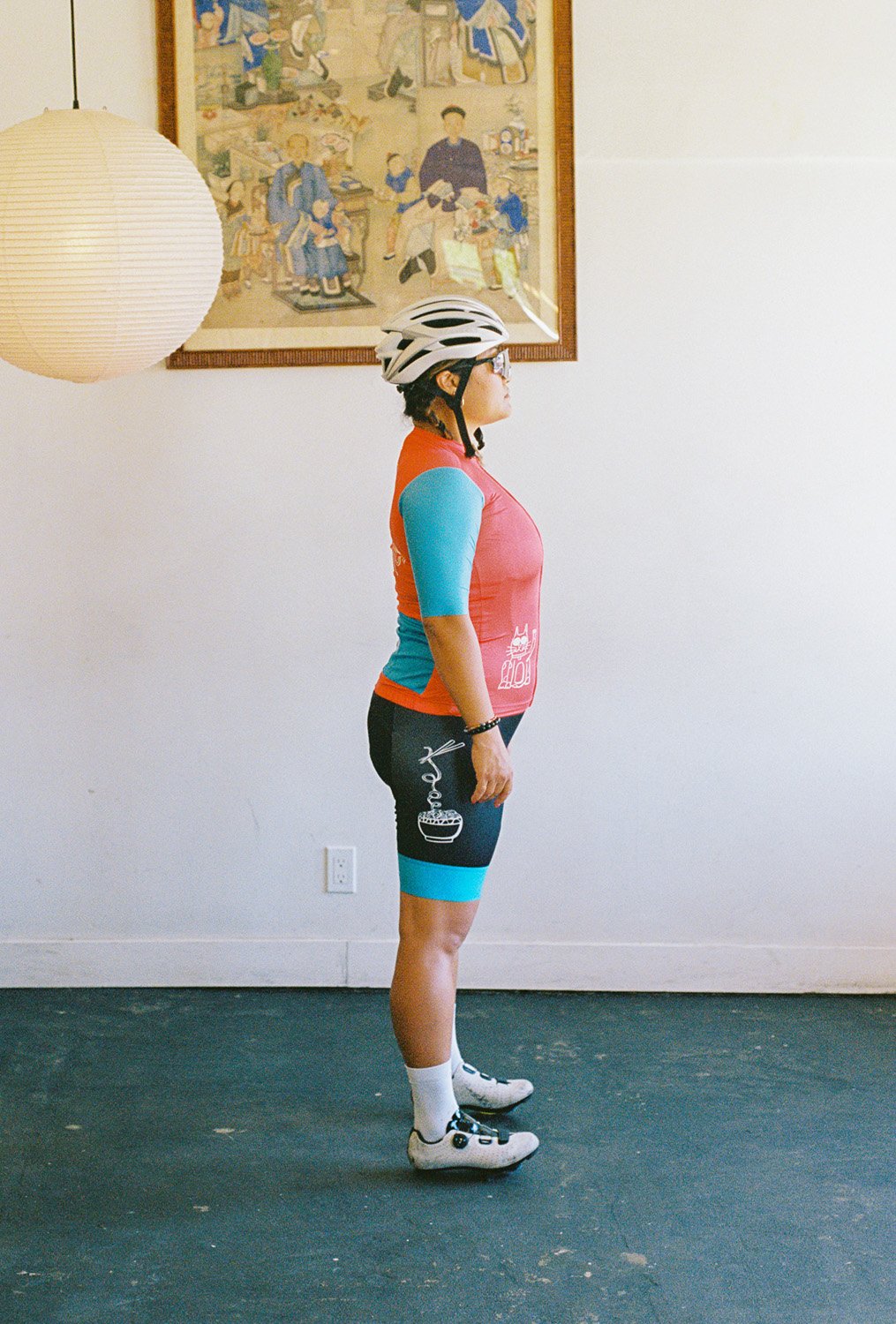 A person wearing cycling bib